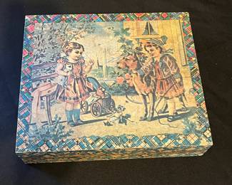 R92 - $30.  Antique Victorian Color 30 Wooden Blocks,  6 Puzzle Set in Wood Case.  