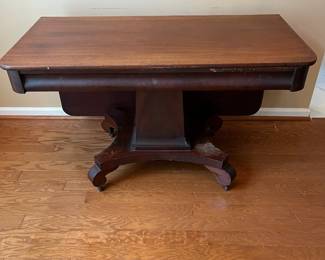 R78 - $125. Turn Top Drop Leaf Table. When the leaf was down it measures 48" x 24" x 28.75" tall. Leaf up is 48" x 46.5". Has been repaired at the base - see photos. Sturdy and table top looks great.