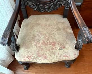 R82 - $125. Victorian Carved Hall Chair. Frame is sturdy but seat could use reupholstered. Measures 26.5" wide x 18" deep x 55.5" tall.