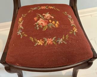 R80 - $20. Pair of Tapestry Chairs. Both need repair to legs.