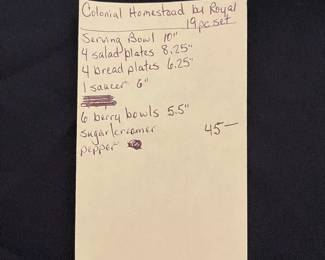 R135 - $45. Colonial Homestead by Royal. 19 Pc Set.
