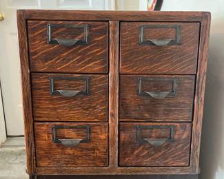 R72 - $95. Wooden Index Card Drawers / Card Catalog Library Cabinet. Measures 31" x 15.5" deep x 22.5" tall.