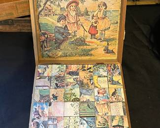 R92 - $30.  Antique Victorian Color 30 Wooden Blocks,  6 Puzzle Set in Wood Case.  