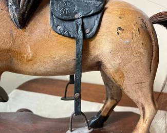 R68 - $100. Antique Hand Carved Wooden Horse Pull Toy with Metal Wheels and real horse hair tail.