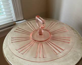 R116 - $20. Pink Depression Glass Platter with handle.