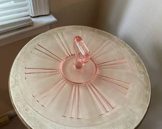R116 - $20. Pink Depression Glass Platter with handle.
