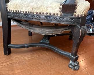 R82 - $125. Victorian Carved Hall Chair. Frame is sturdy but seat could use reupholstered. Measures 26.5" wide x 18" deep x 55.5" tall.