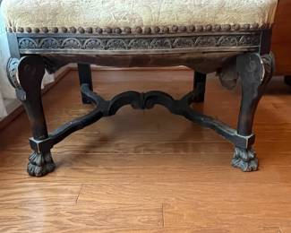 R82 - $125. Victorian Carved Hall Chair. Frame is sturdy but seat could use reupholstered. Measures 26.5" wide x 18" deep x 55.5" tall.