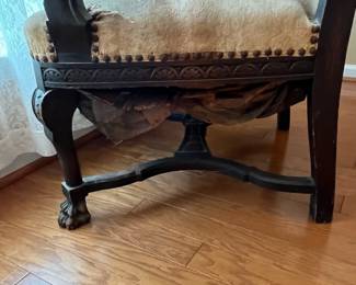 R82 - $125. Victorian Carved Hall Chair. Frame is sturdy but seat could use reupholstered. Measures 26.5" wide x 18" deep x 55.5" tall.