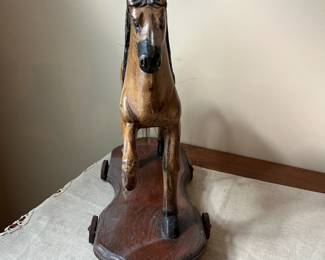 R68 - $100. Antique Hand Carved Wooden Horse Pull Toy with Metal Wheels and real horse hair tail.