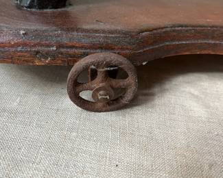 R68 - $100. Antique Hand Carved Wooden Horse Pull Toy with Metal Wheels and real horse hair tail.