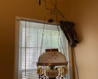R140 - $75. Parlor/Library Lamp Chandelier Hanging Light. This has been converted to electricity.