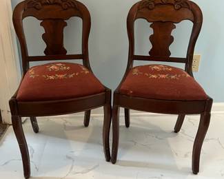 R80 - $20. Pair of Tapestry Chairs. Both need repair to legs.