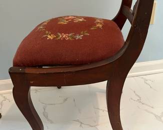 R80 - $20. Pair of Tapestry Chairs. Both need repair to legs.