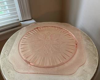 R115 - $15. Pink Depression Glass Cake Plate.