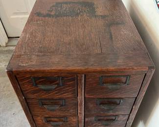 R72 - $95. Wooden Index Card Drawers / Card Catalog Library Cabinet. Measures 31" x 15.5" deep x 22.5" tall.