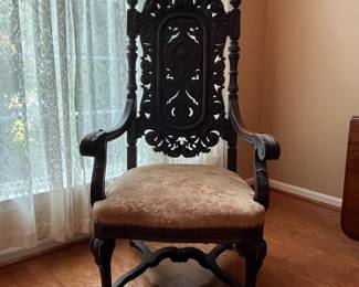 R82 - $125. Victorian Carved Hall Chair. Frame is sturdy but seat could use reupholstered. Measures 26.5" wide x 18" deep x 55.5" tall.