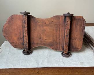 R68 - $100. Antique Hand Carved Wooden Horse Pull Toy with Metal Wheels and real horse hair tail.