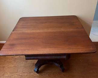 R78 - $125. Turn Top Drop Leaf Table. When the leaf was down it measures 48" x 24" x 28.75" tall. Leaf up is 48" x 46.5". Has been repaired at the base - see photos. Sturdy and table top looks great.