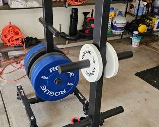 Titan Fitness weight racks with lockable caster wheels for easy mobility. Rogue Competition Plates are an IWF standard 450MM in diameter, with chrome-plated steel disc inserts and a 50.40MM collar opening for a firm, stable hold. 