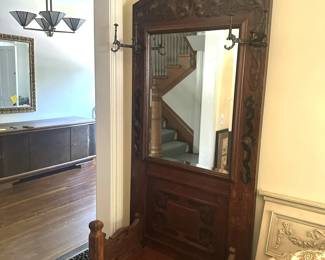 Carved wood hall tree with storage under seat
