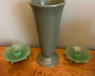 Fenton lotus flower candleholders with Hull vase