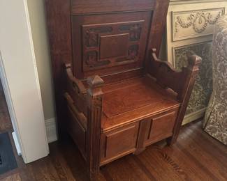 Carved wood hall tree with storage under seat