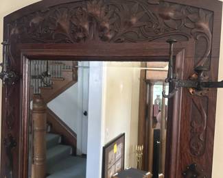 Carved wood hall tree with storage under seat
