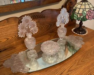 Imperial glass sunflower pattern perfume bottles with matching jar and tray