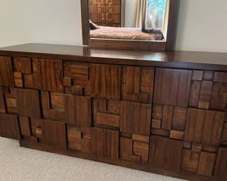 Mid century "brutalist" Lane Staccato walnut large chest with mirror. Measures 30"H x 68"L x 18 1/2"D. Image 2.