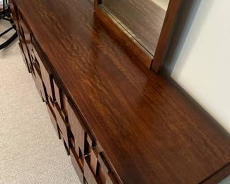 Mid century "brutalist" Lane Staccato walnut large chest with mirror. Measures 30"H x 68"L x 18 1/2"D. Image 4.