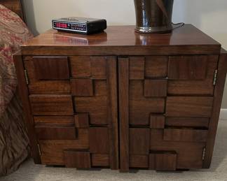 Mid century "brutalist" Lane Staccato walnut nightstand. Measures 22"H x 27"W x 16"D.  Image 1.