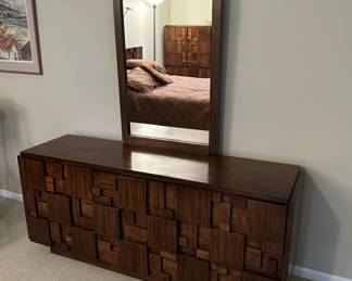 Mid century "brutalist" Lane Staccato walnut large chest with mirror. Measures 30"H x 68"L x 18 1/2"D. Image 1.