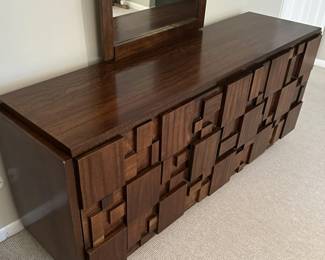 Mid century "brutalist" Lane Staccato walnut large chest with mirror. Measures 30"H x 68"L x 18 1/2"D. Image 6.