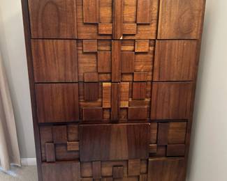 Mid century "brutalist" Lane Staccato walnut highboy dresser. Measures 54"H x 38"W x 18"D.  Image 3.