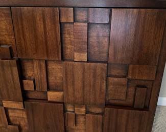 Mid century "brutalist" Lane Staccato walnut large chest with mirror. Measures 30"H x 68"L x 18 1/2"D. Image 3.