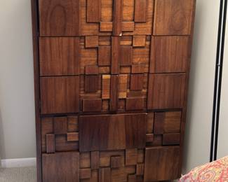 Mid century "brutalist" Lane Staccato walnut highboy dresser. Measures 54"H x 38"W x 18"D.  Image 1.