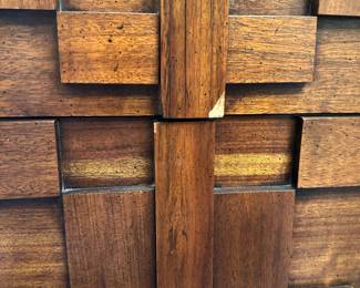 Mid century "brutalist" Lane Staccato walnut highboy dresser. Measures 54"H x 38"W x 18"D.  Image 4.