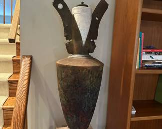 Large Raku studio art pottery vase sculpture by Gregory Milne. Measures 37"H x 14" at widest point. Image 1. Price $250.
