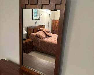 Mid century "brutalist" Lane Staccato walnut mirror. Measures 43"H x 27"W. Image 1.