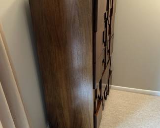Mid century "brutalist" Lane Staccato walnut highboy dresser. Measures 54"H x 38"W x 18"D.  Image 2.
