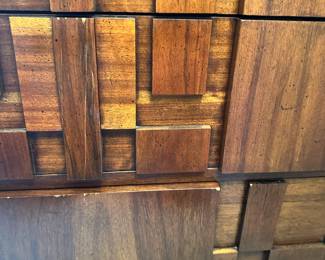 Mid century "brutalist" Lane Staccato walnut highboy dresser. Measures 54"H x 38"W x 18"D.  Image 5.