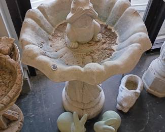 large concrete birdbaths with frogs and bunnies and more 