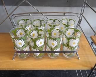Midcentury crazy daisy drink caddy with glasses 