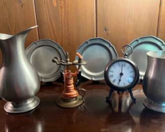 A Wax Jack, A Clock Shiny Silver Pewter Decor