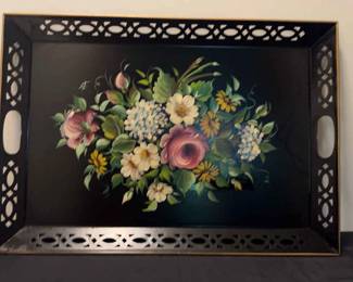 Beautiful Nashco Products Hand Painted Black Flower Tray