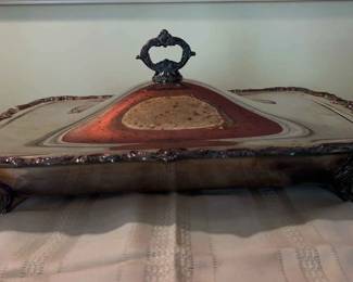 Lidded Silver Serving Platter with Glass Casserole Dish Inside