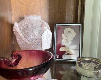 Murano Vase & Dish. Framed & paperweight of lace (antique)
