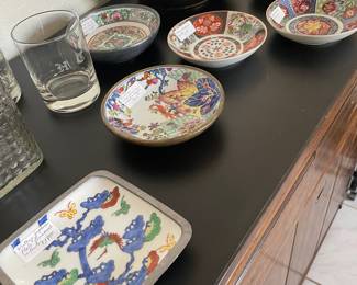 Asian bowls & dishes. Some encased in pewter or brass.  