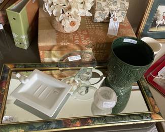Miscellaneous vanity items. Fabric jewelry boxes were made in Italy for Neiman Marcus. 